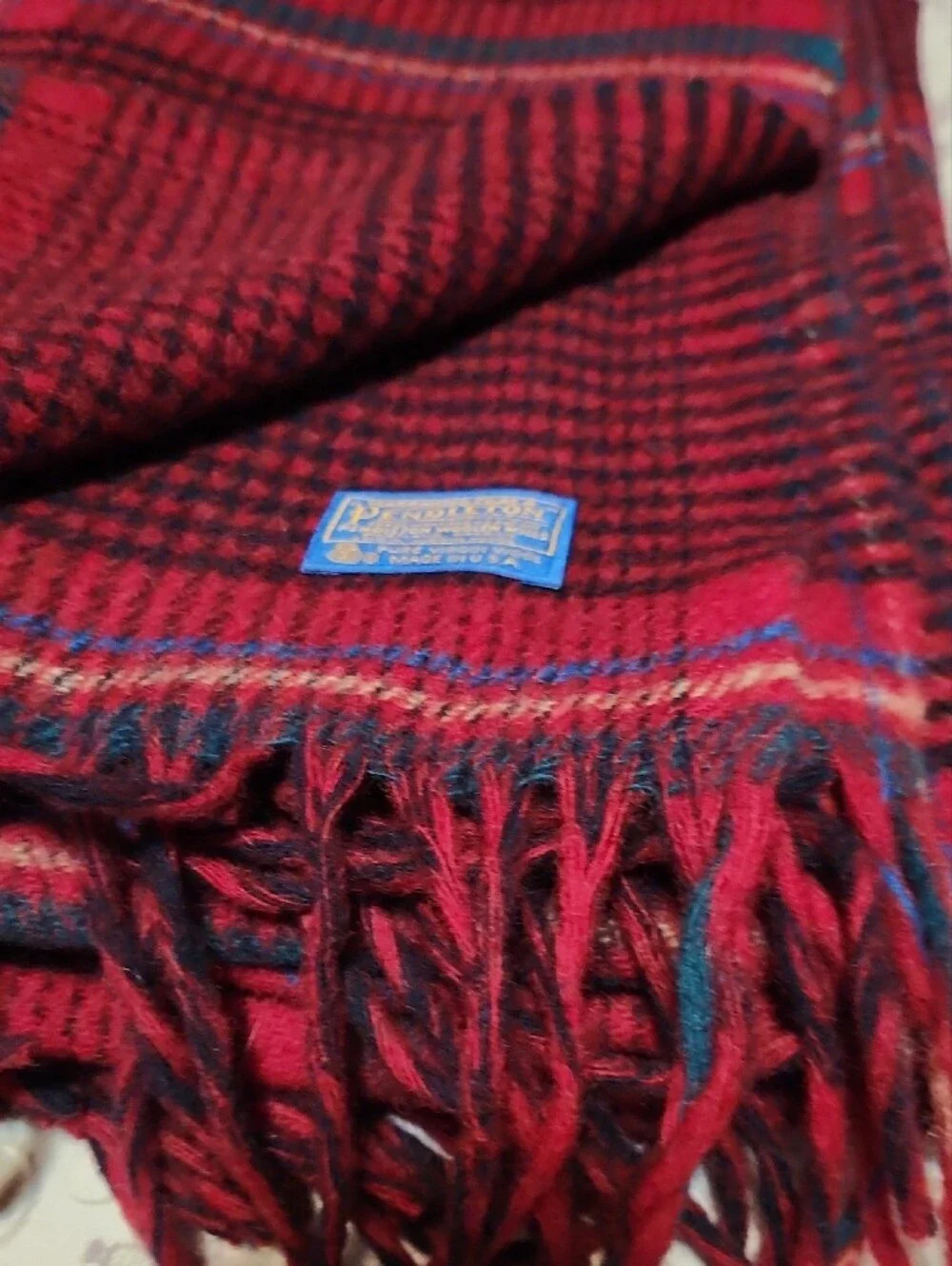 Pendleton Red Plaid Fringe Throw 100% Wool Blanket